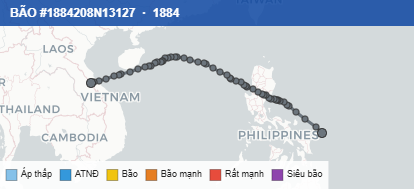 Quỹ đạo di chuyển của BÃO #1884208N13127 (1884)